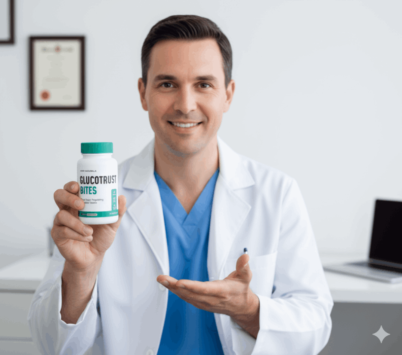 doctor holding bottle of GlucoTrust Bites