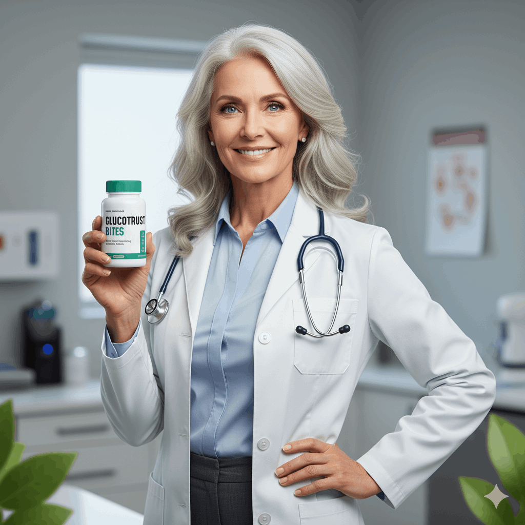 lady doctor holding GlucoTrust Bites bottle